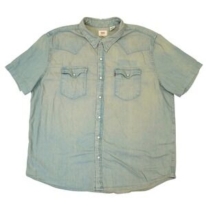 Levi's Western Shirt Men XXL Light Blue Short Sleeve Pearl Snap Denim